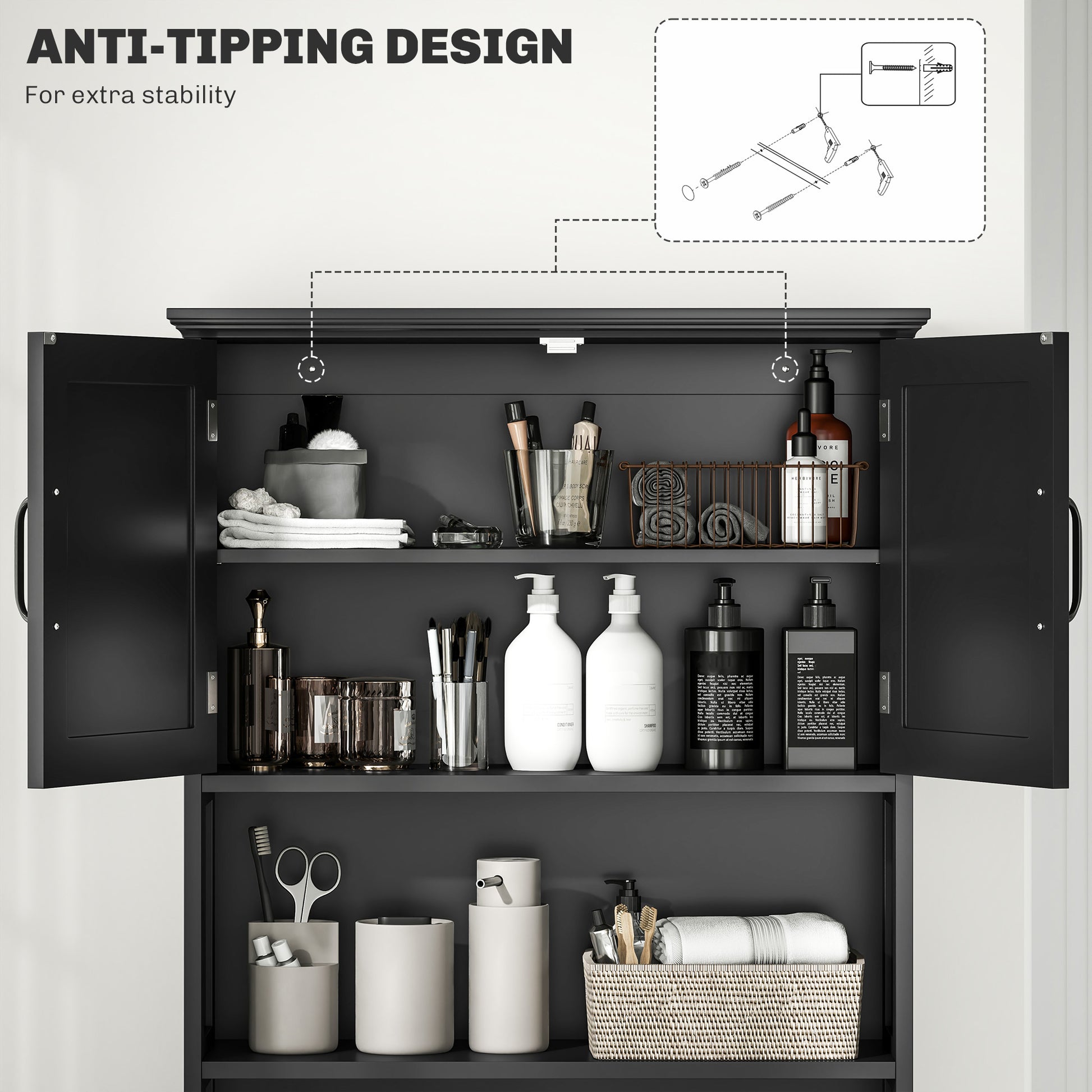 Modern Over The Toilet Storage, Bathroom Cabinets Over Toilet with Open Shelves and Double Door Cabinet, Black