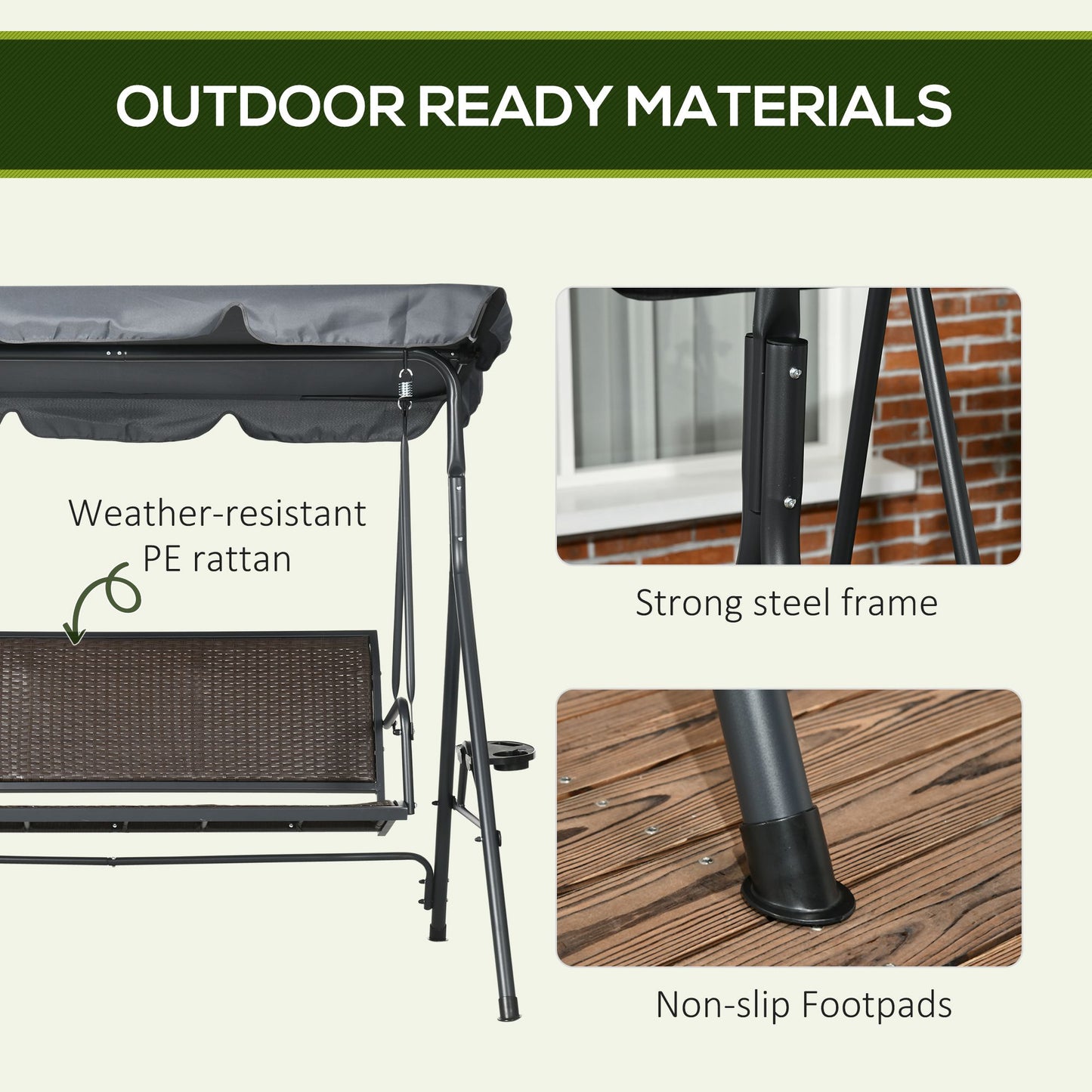 3-Seat Patio Swing Chair, Outdoor Canopy Swing Glider with Adjustable Shade, Rattan Seat and Steel Frame, for Porch, Gar
