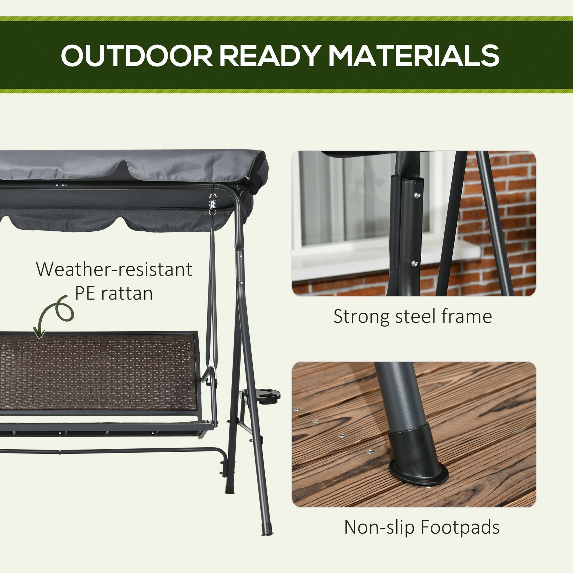 3-Seat Patio Swing Chair, Outdoor Canopy Swing Glider with Adjustable Shade, Rattan Seat and Steel Frame, for Porch, Gar
