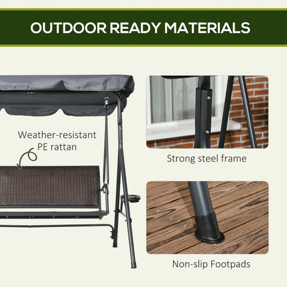 3-Seat Patio Swing Chair, Outdoor Canopy Swing Glider with Adjustable Shade, Rattan Seat and Steel Frame, for Porch, Gar
