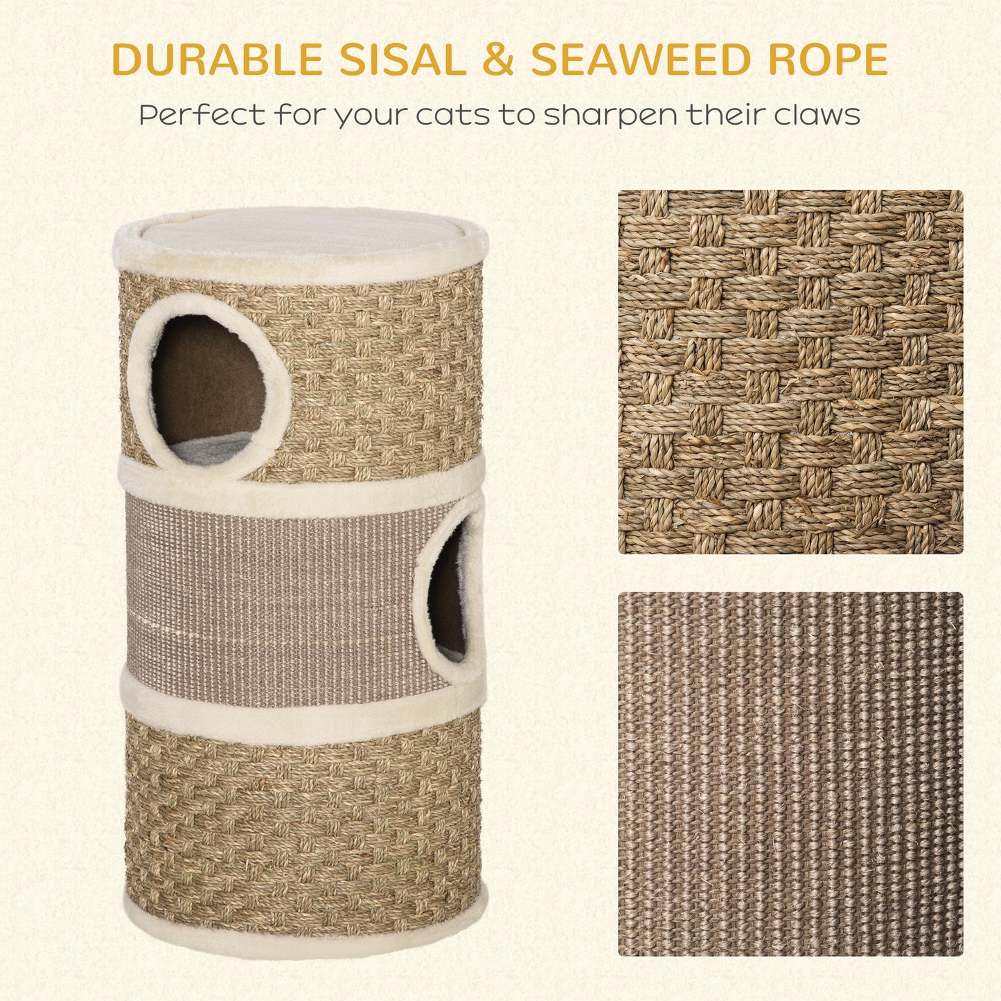 Cat Condo 3 Story Three Holes with Sisal Seaweed Scratching Cover Surface, Cat Tower for Indoor Cats, 15" x 28", Khaki a