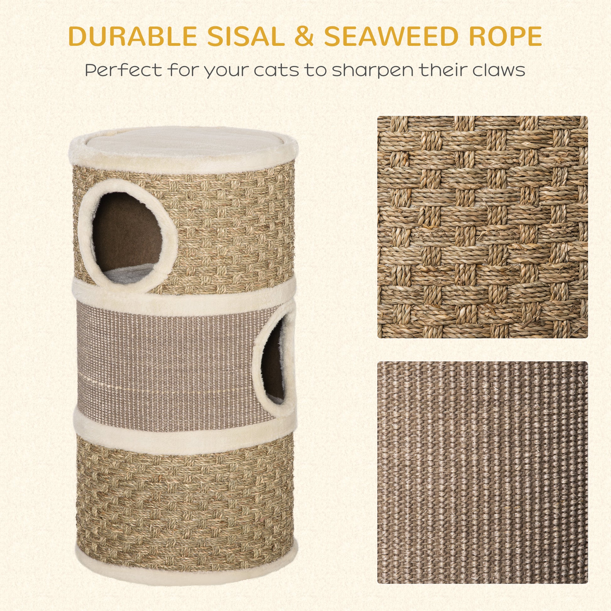 Cat Condo 3 Story Three Holes with Sisal Seaweed Scratching Cover Surface, Cat Tower for Indoor Cats, 15" x 28", Khaki a