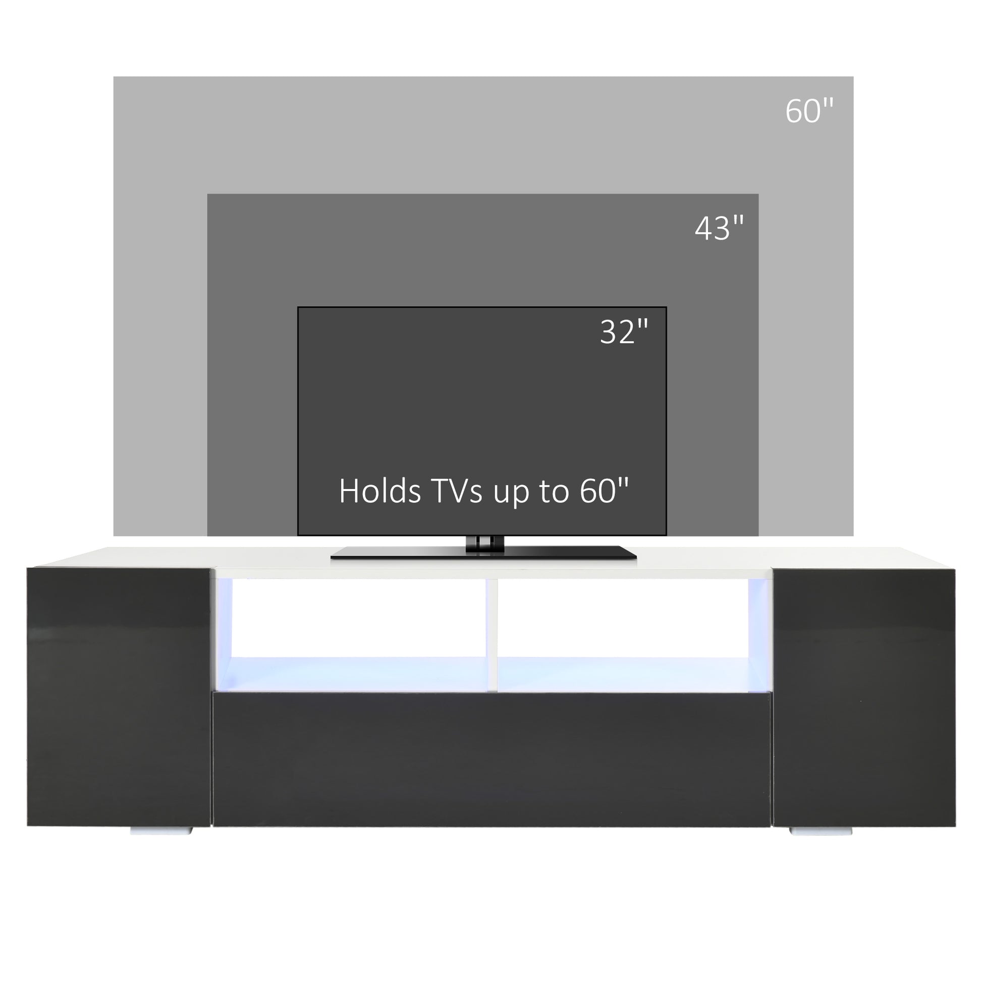 TV Stand for TVs up to 60", TV Unit with LED Lights, Storage Shelves and Cupboards, 53.9" x 13.8" x 16.5", Grey