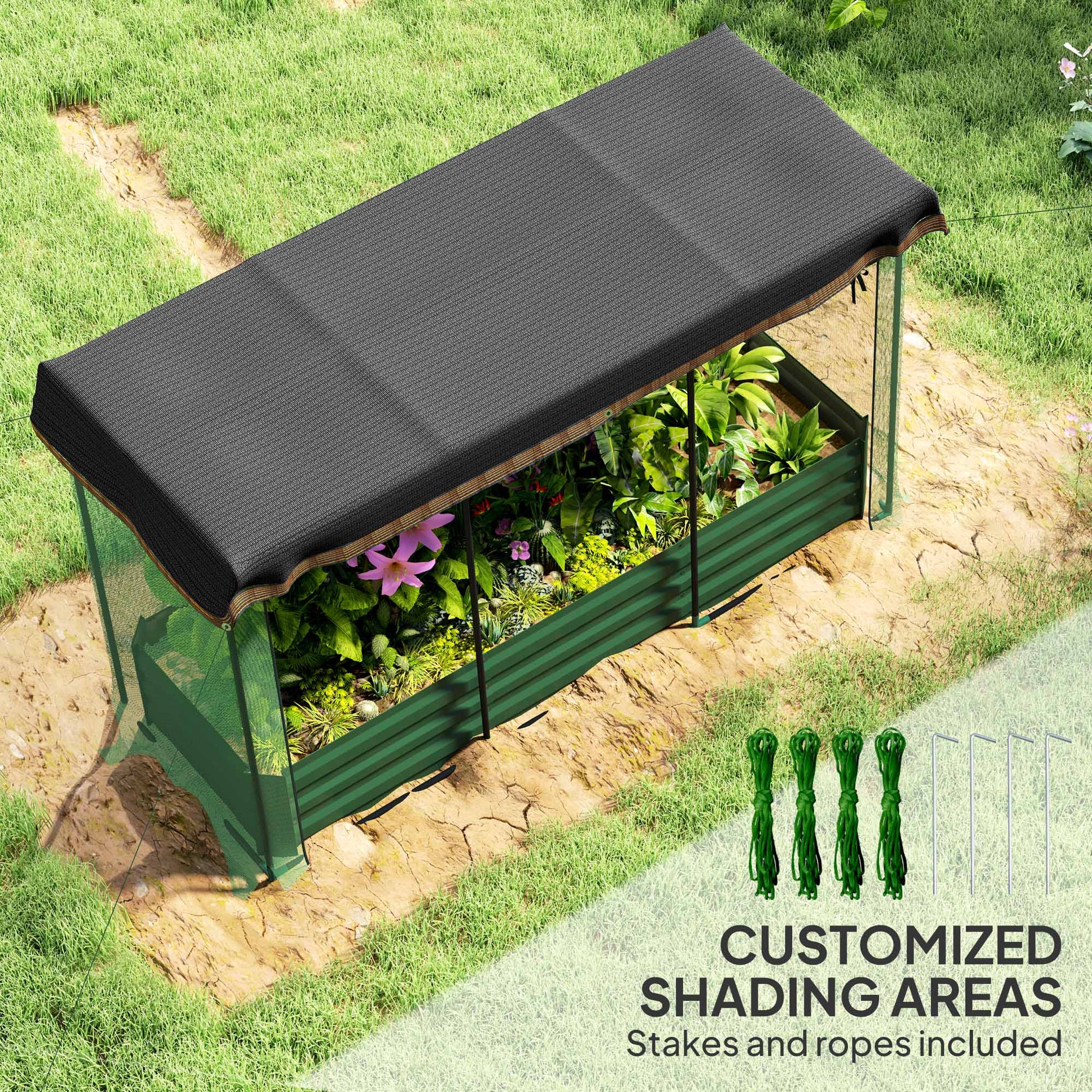 Galvanized Steel Planter Box with Crop Cage and Shade Cloth, Raised Garden Bed for Flowers, Vegs and Herbs
