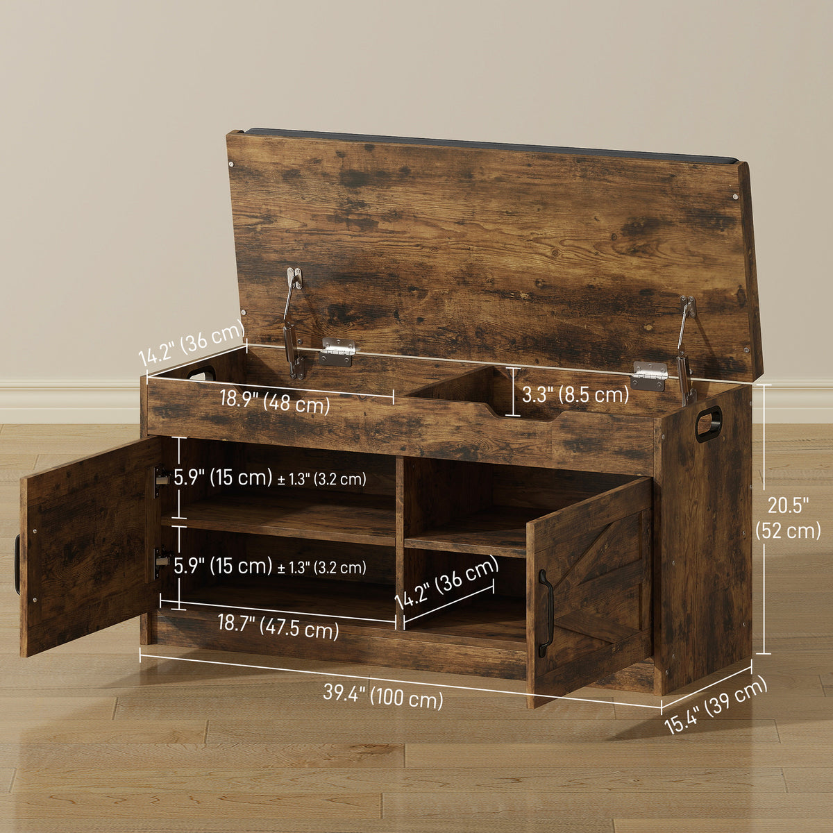 Shoe Storage Bench, Entryway Bench with 2-Tier Cabinet, Flip-Top Storage, Padded Cushion for Hallway, Rustic Brown