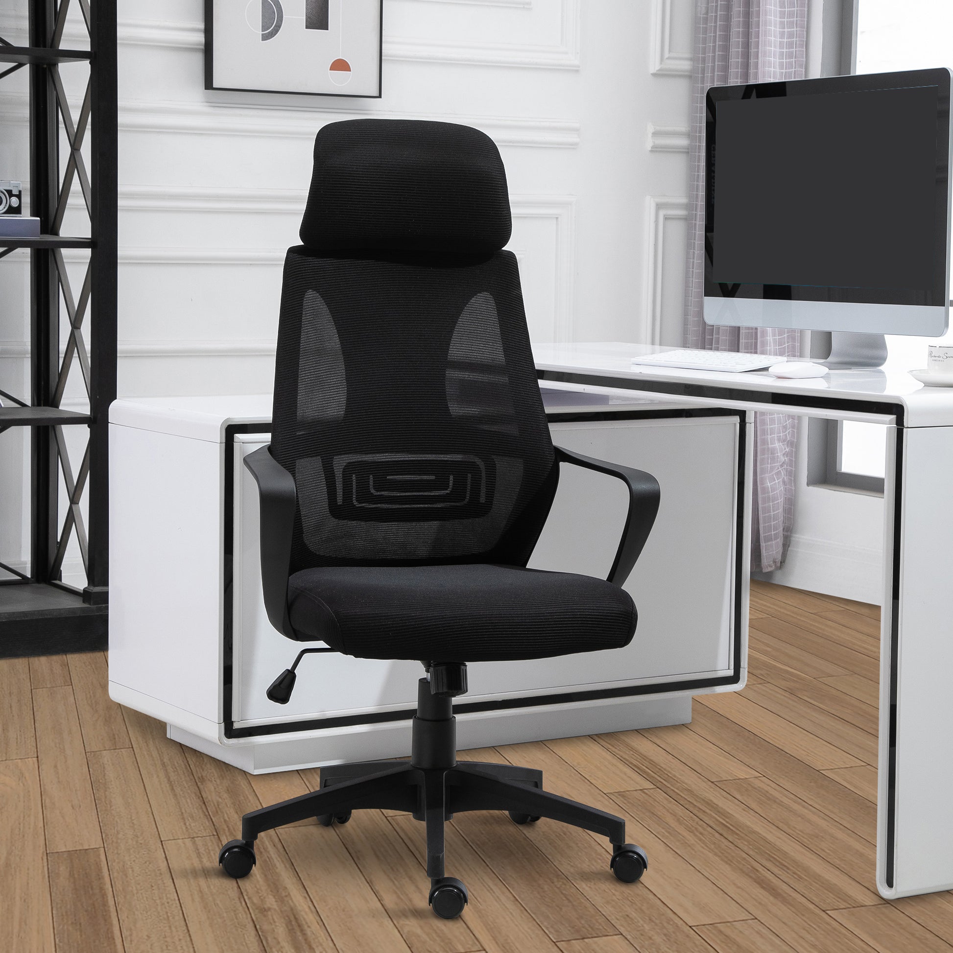 Mesh Office Chair with Up&Down Headrest, Ergonomic Computer Desk Chair with Adjustable Tilt Angle, Height Adjustable Swi
