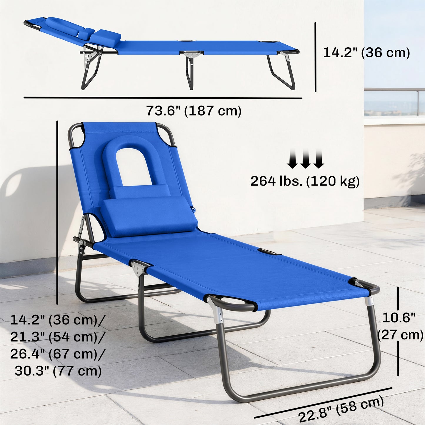 Folding Chaise Lounge Chair, Reclining Beach Tanning Chair with Face Hole, Pillow, 4-Position Adjustable Lay Flat Sun Lo