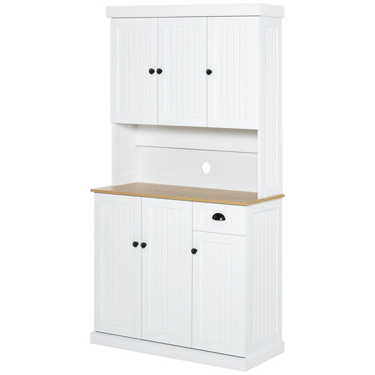 71" Kitchen Pantry Buffet with Hutch Storage Cabinet Microwave Oven Stand with Drawer, White, Oak