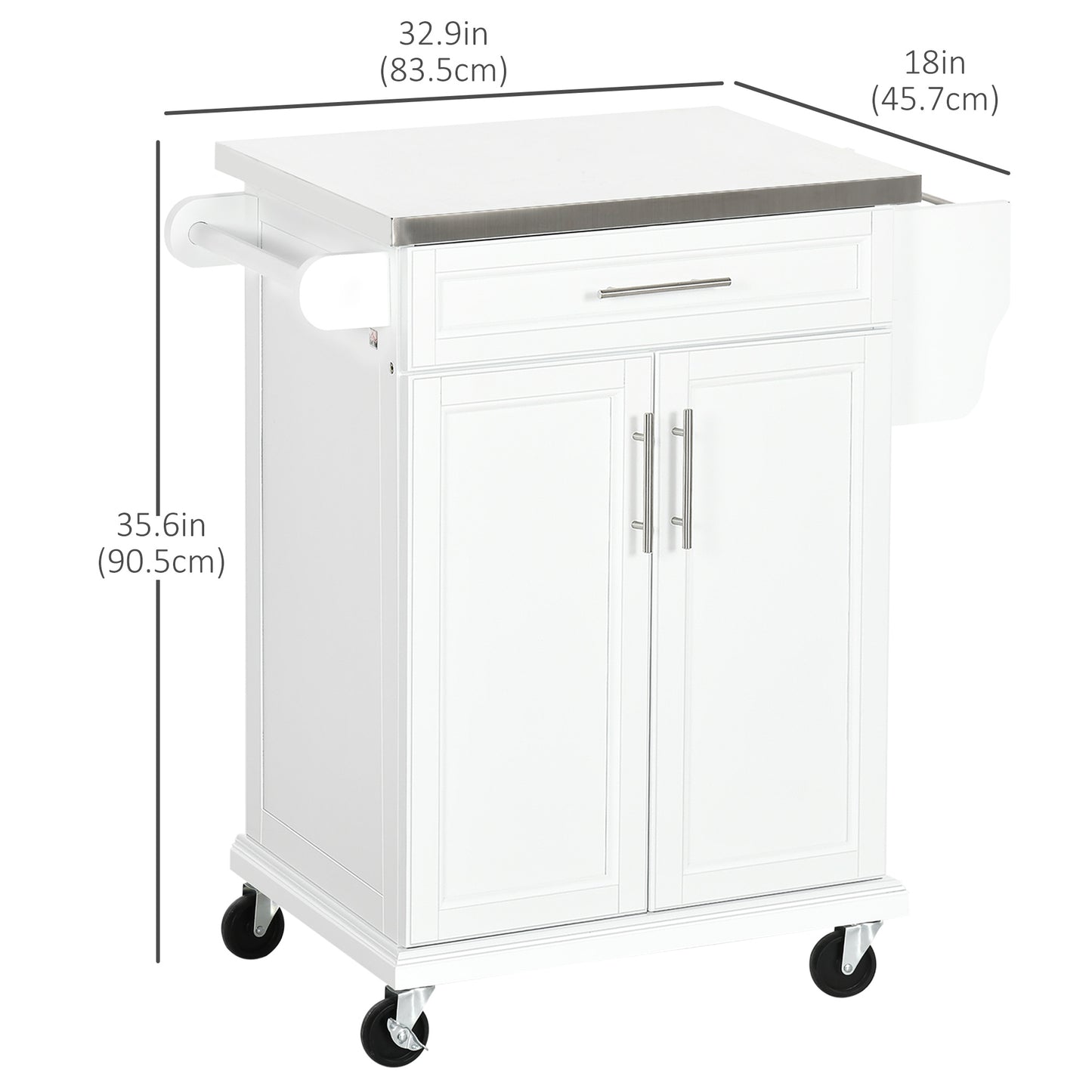 Kitchen Island with Stainless Steel Top, Rolling Kitchen Cart on Wheels with Storage Drawer, Cabinet, Towel Rack and Spi