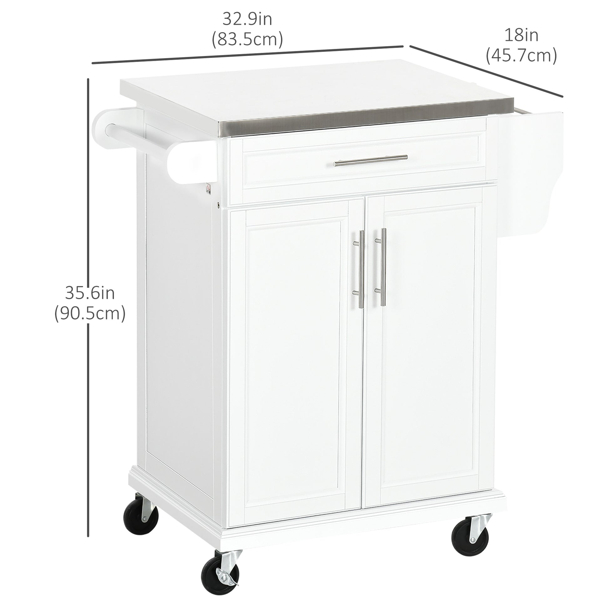Kitchen Island with Stainless Steel Top, Rolling Kitchen Cart on Wheels with Storage Drawer, Cabinet, Towel Rack and Spi
