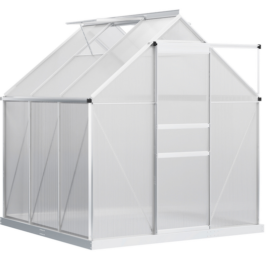 6' x 6' x 6.5' Polycarbonate Greenhouse, Walk-in Green House with Adjustable Roof Vent, Galvanized Base, Sliding Door an