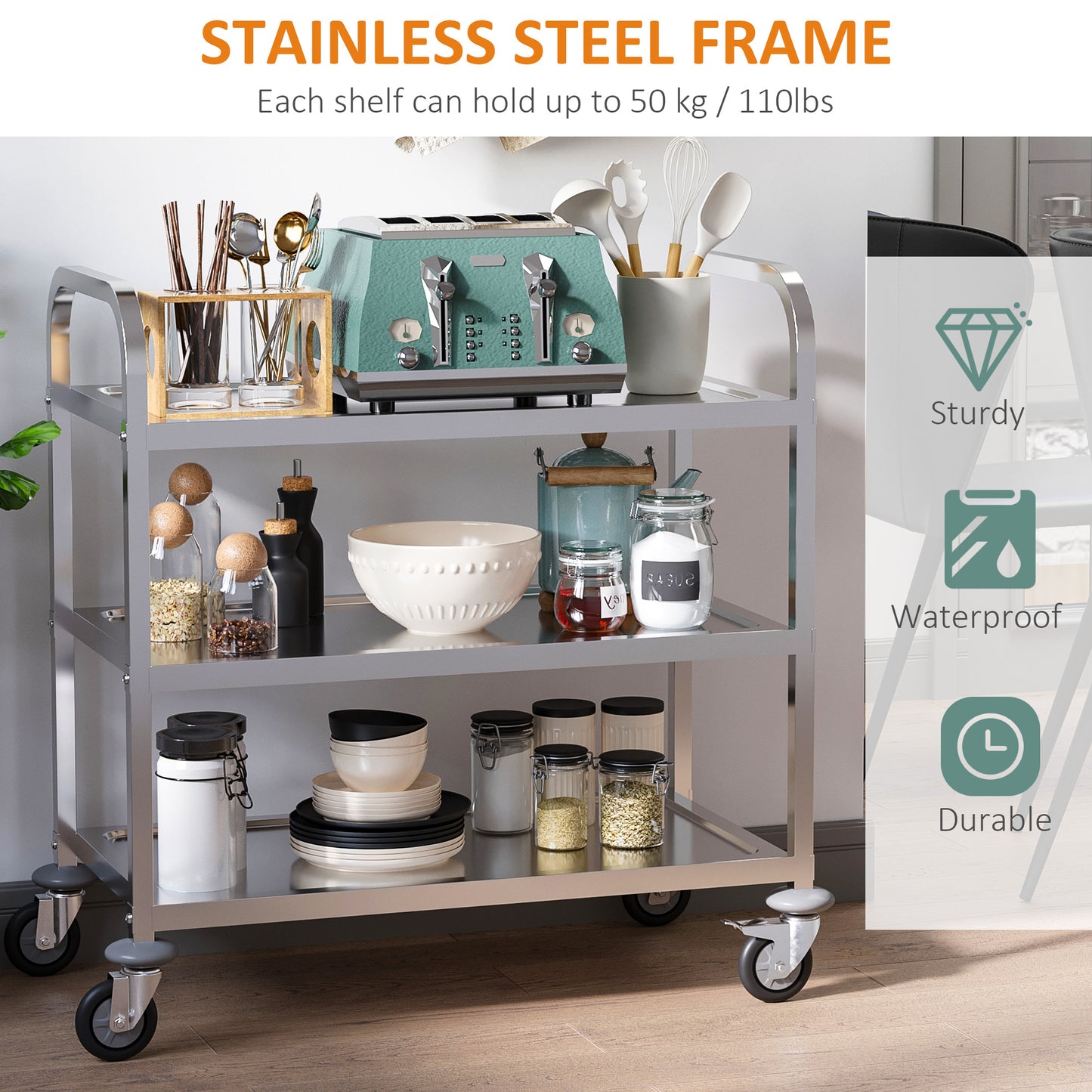 35.6" 3-Tier Kitchen Trolley Medical Treatment Laboratory Equipment Carts, Stainless Steel Rolling Kitchen Island, Wheel
