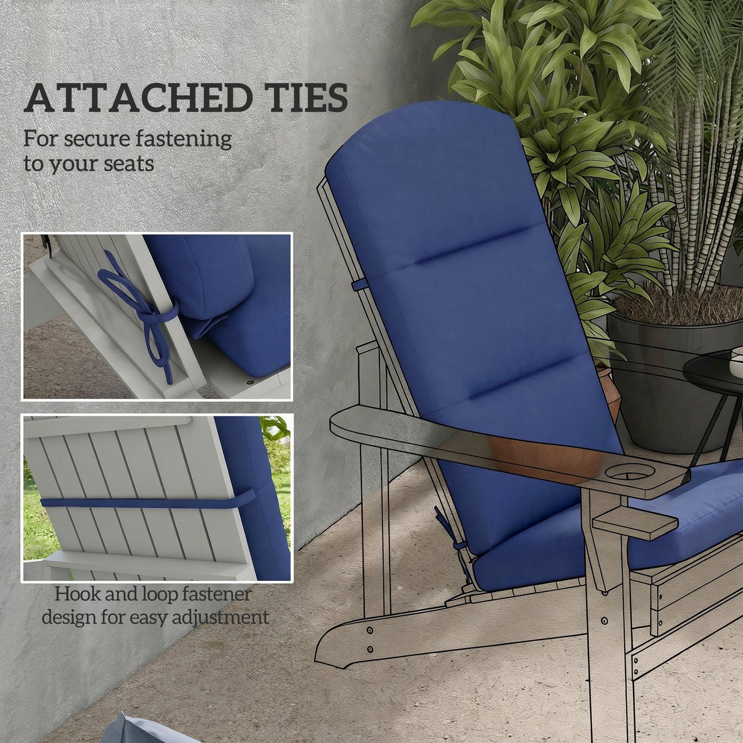 Patio Chair Cushion for Adirondack Chairs Replacement Cushion with Back and Ties, Navy Blue