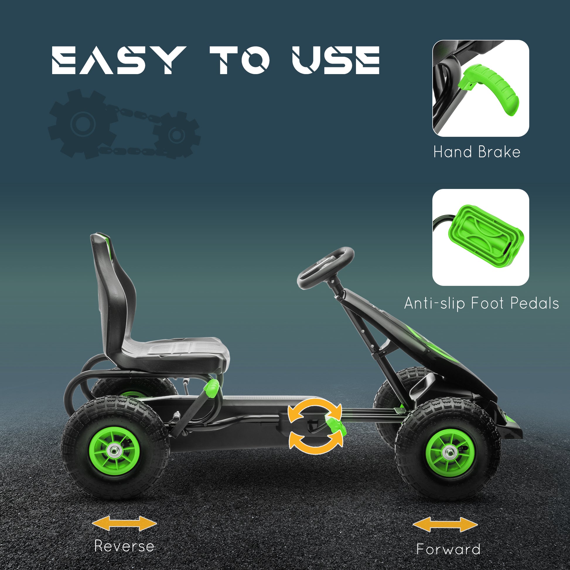 VarietyKart Pedal Go Kart w/ Adjustable Seat, Rubber Wheels Shock Absorb, Green