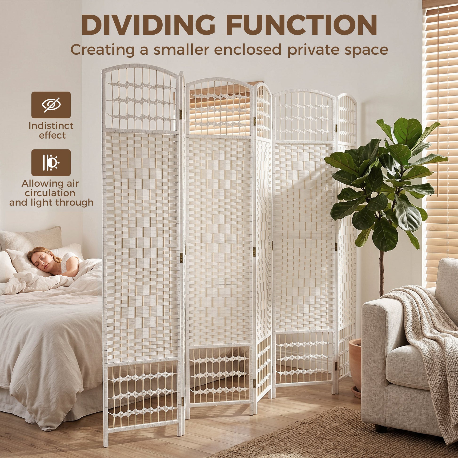 6 Panel Folding Room Divider, Portable Privacy Screen, Wave Fiber Room Partition for Home Office, White