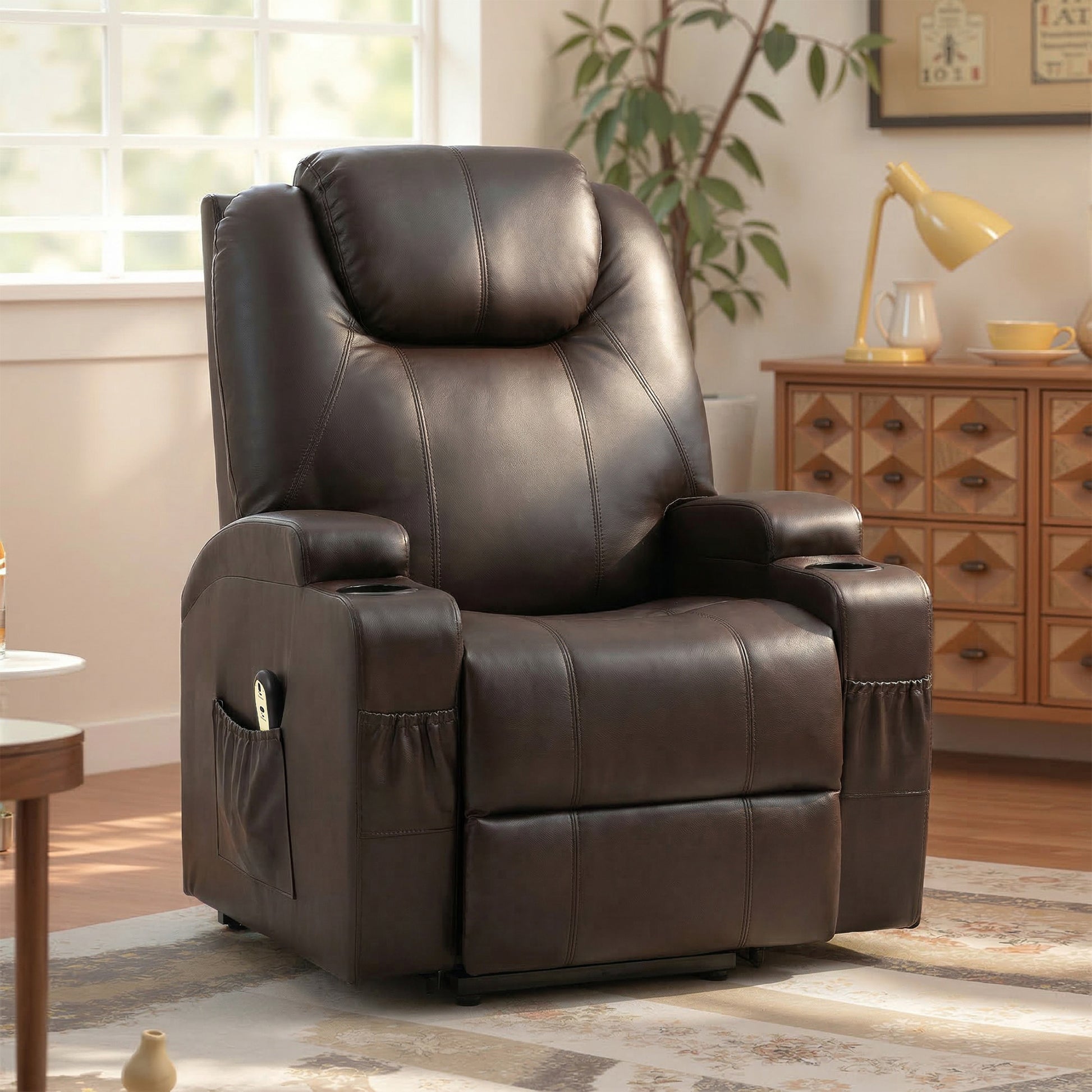 Power Lift Recliner Chair for Elderly, PU Leather Lift Chair with Thick and High Back, Footrest, Remote, Side Pockets, C