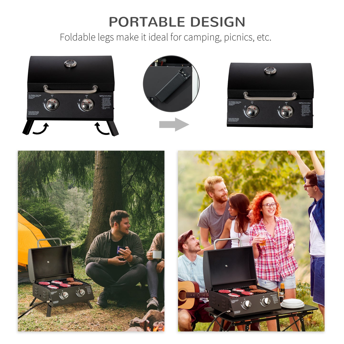 2 Burner Propane Gas Grill, Outdoor Portable Tabletop BBQ with Foldable Legs, 10000 Each Burner, Lid, for Camping, Picni