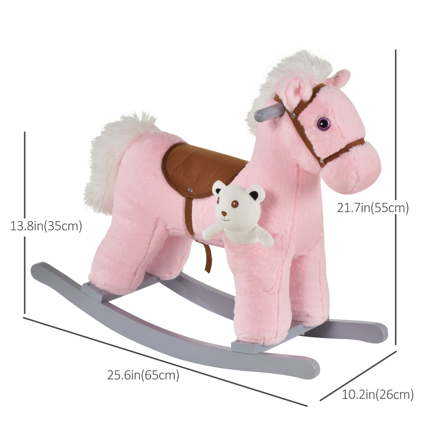 Qaba Kids Rocking Horse Plush Animal on Wooden Rockers with Sounds, Wooden Base and Bear Toy, Baby Rocking Chair, Pink