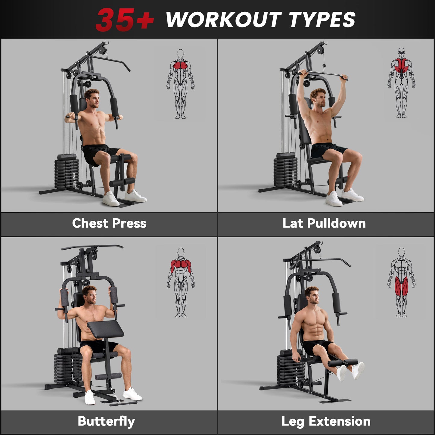 Soozier Home Gym Equipment, Multifunction Workout Machine with 99lbs Weight Stack for Back, Chest, Arm, Legs, and Full B