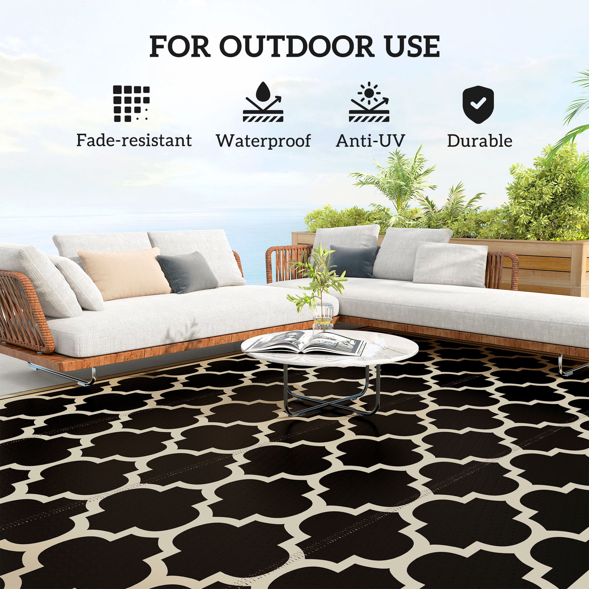 9'x12' Reversible Outdoor RV Rug, Patio Floor Mat, Plastic Straw Rug for Backyard, Deck, Beach, Camping, Black