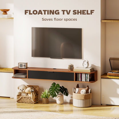 55" Floating TV Stand for TVs up to 60 Inch, Wall Mounted Media Console with Flip Drawer and 2 Open Shelves, Walnut