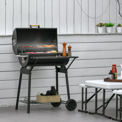 30" Charcoal Barbecue Grill with Wheels Outdoor Barbecue with Adjustable Charcoal Rack, Storage Shelf, Wheel, for Garden