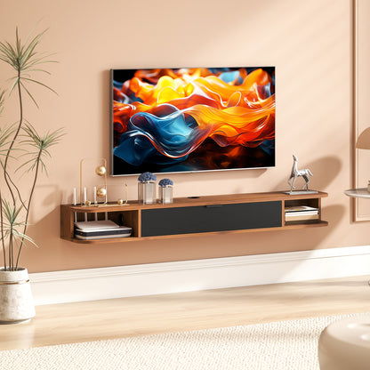 55" Floating TV Stand for TVs up to 60 Inch, Wall Mounted Media Console with Flip Drawer and 2 Open Shelves, Walnut