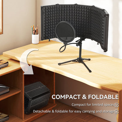 Foldable Studio Recording Microphone Isolation Shield with Pop Filter, Stand, 3/8" Threaded Mount, Black