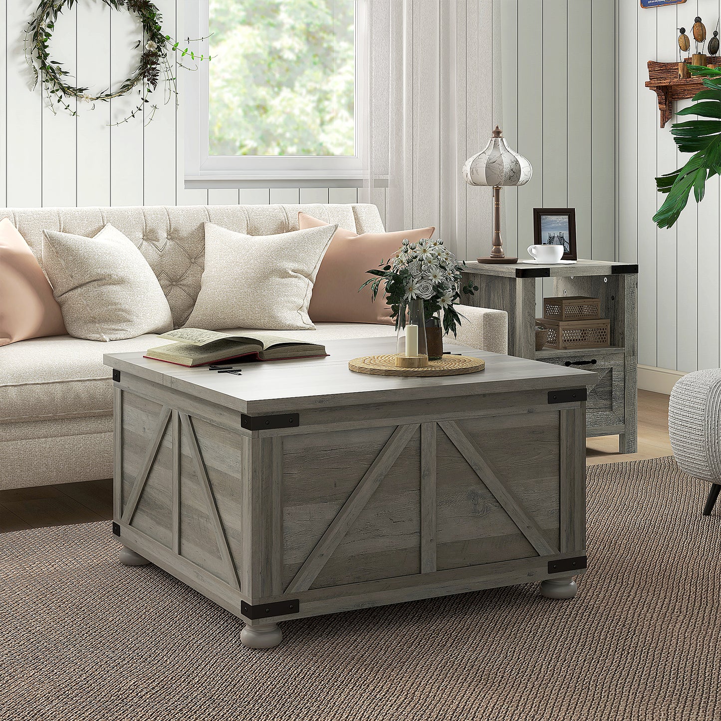 Farmhouse Coffee Table, Square Center Table with Flip-top Lids, Hidden Storage Compartment and Wooden Legs, Distressed G