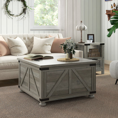 Farmhouse Coffee Table, Square Center Table with Flip-top Lids, Hidden Storage Compartment and Wooden Legs, Distressed G