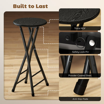 Set of 4 Foldable Barstools, Counter Height Bar Stools with Footrest and Steel Legs for Kitchen Island, Black