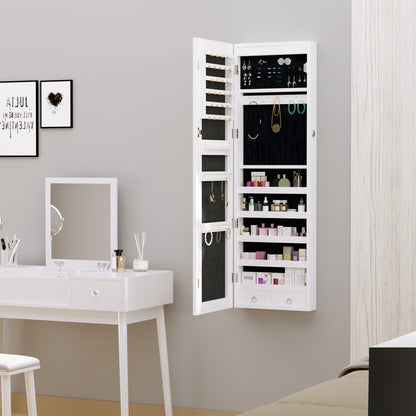 Mirror Jewelry Cabinet Armoire with LED Lights and 2 Keys, Wall Door Mounted Jewelry Organizer, Lockable Full-length Mir