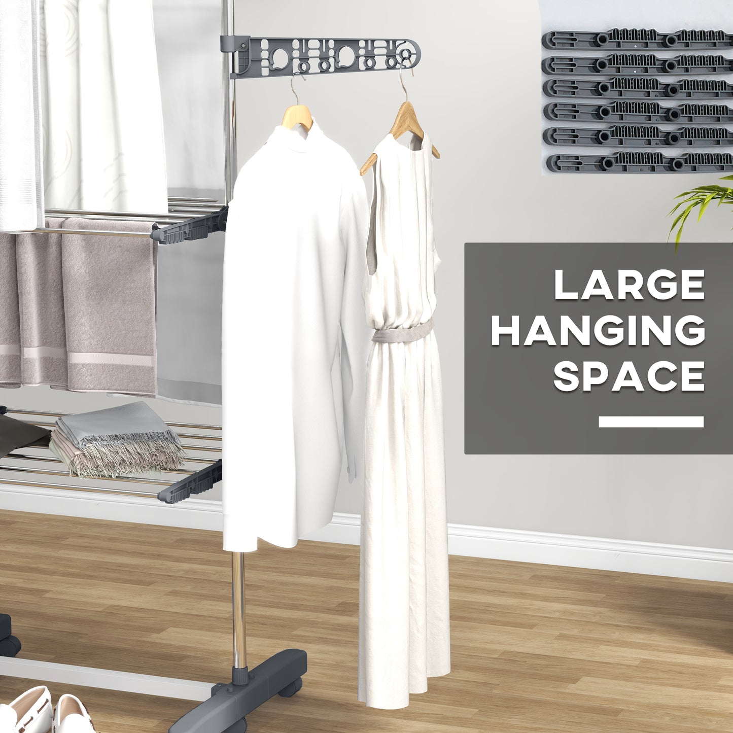 3-Tier Foldable Clothes Drying Rack, Stainless Steel Laundry Rack with 2 Side Wings and 6 Castors, Collapsible Adjustabl