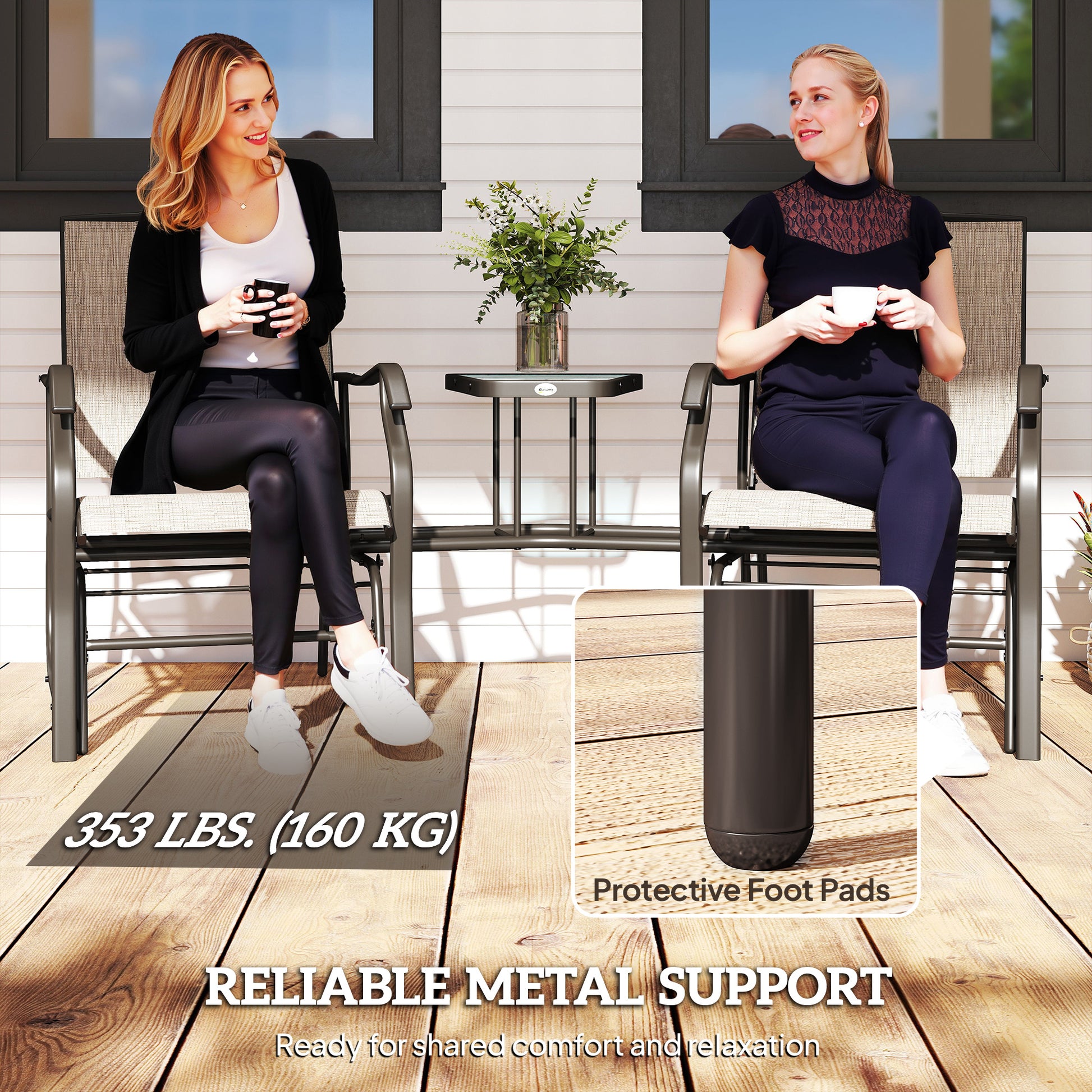 Double Patio Glider Chair with Glass Top Center Table, Outdoor Glider Loveseat with High Back,  All Weather Breathable M