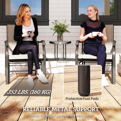 Double Patio Glider Chair with Glass Top Center Table, Outdoor Glider Loveseat with High Back,  All Weather Breathable M