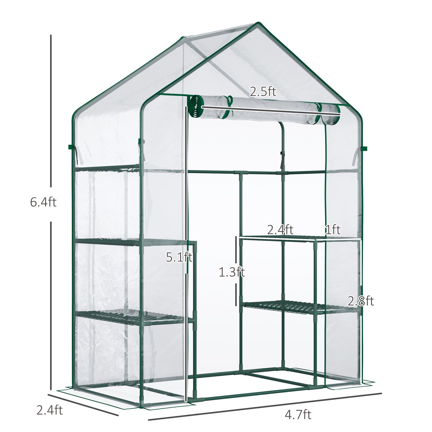 56" x 29" x 77" Walk-in Greenhouse, Mini Greenhouse with 4 Shelves, Roll-Up Door and Weatherized Cover, Clear