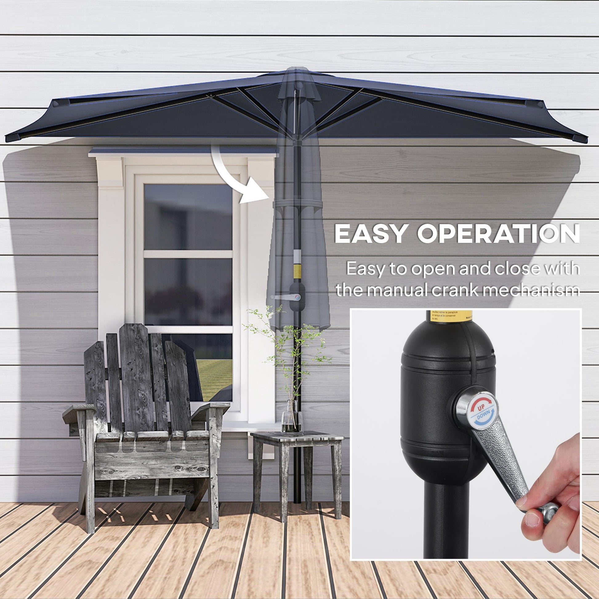9.8ft Half Umbrella Semi Round Patio Parasol with Crank Handle, Top Vent for Garden, Balcony- NO BASE INCLUDED, Dark Blu