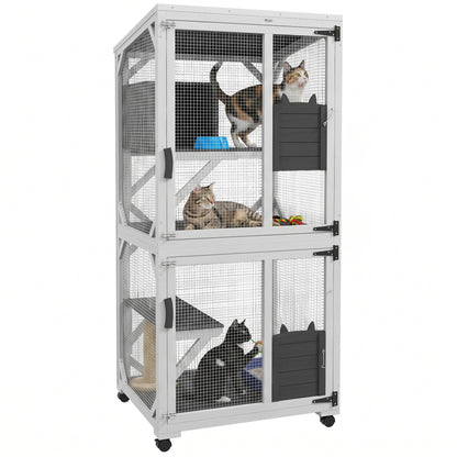 Catio Outdoor, Elevated Design, with Wheels, Resting Box, Water-Resistant, Multi Platforms, White & Grey