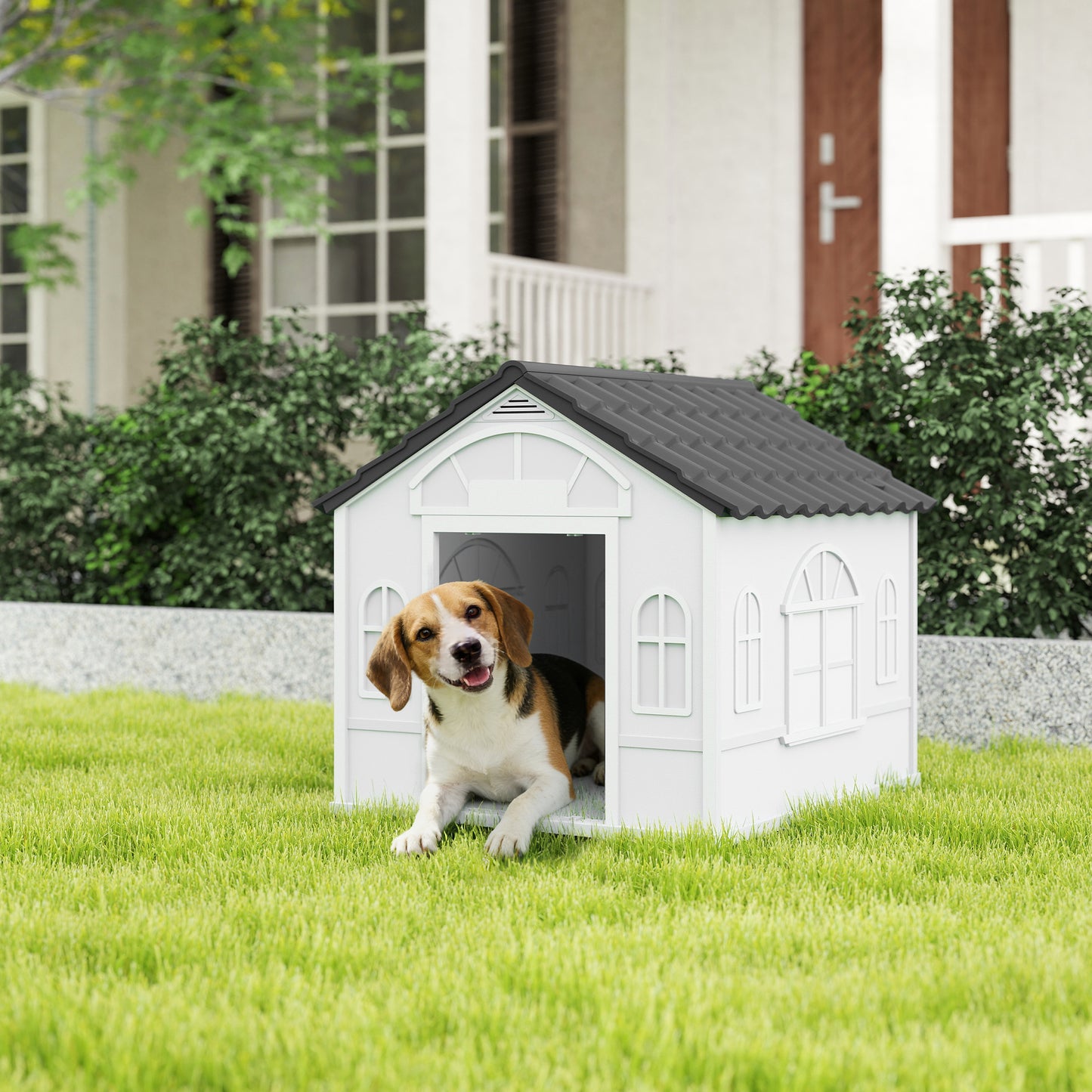 26" Plastic Dog House Outdoor with Air Vents, for Small Medium Dogs, Grey