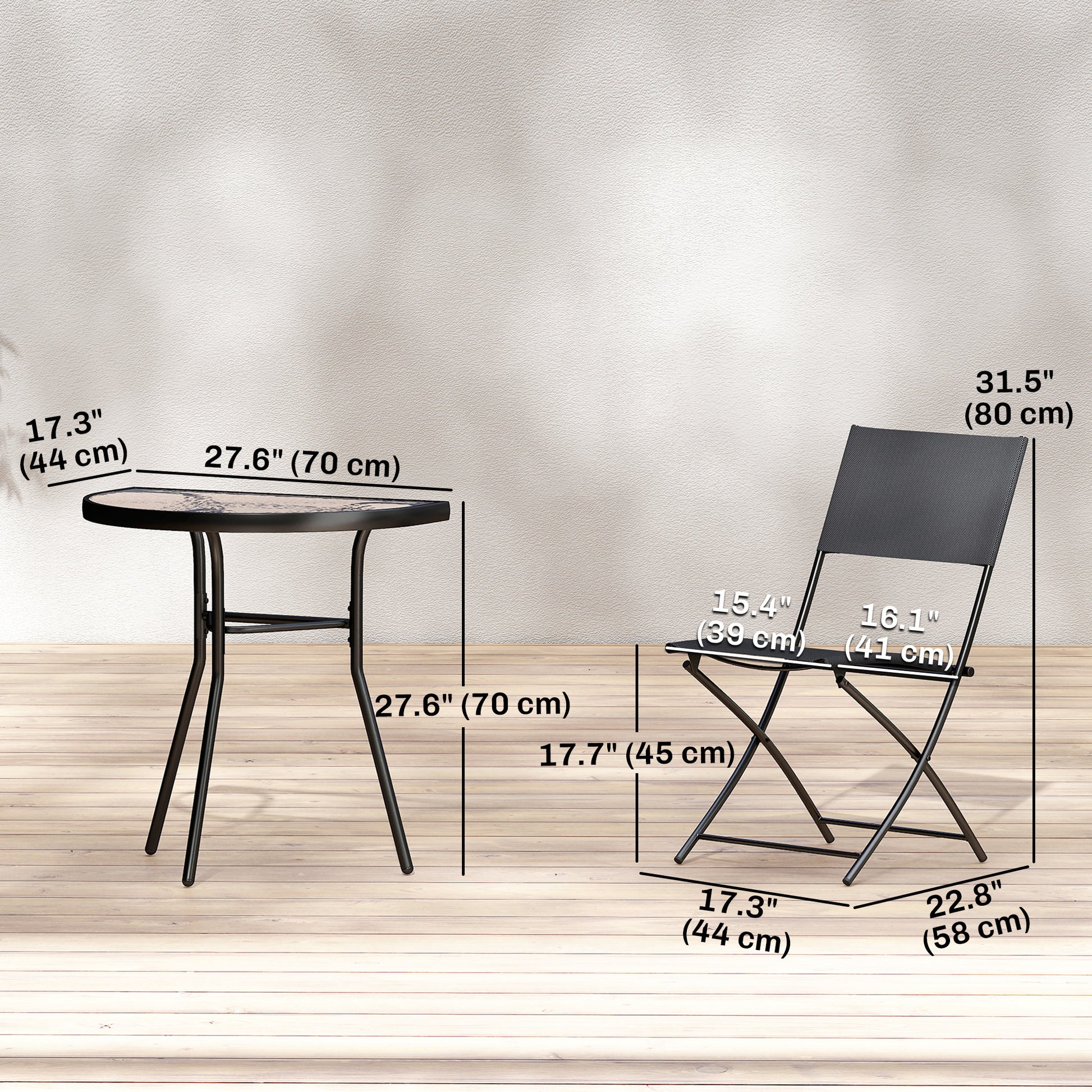 Outdoor Bistro Set, 3 Piece Patio Furniture Set with Folding Chairs, Semi-Circle Glass Top Table, Black