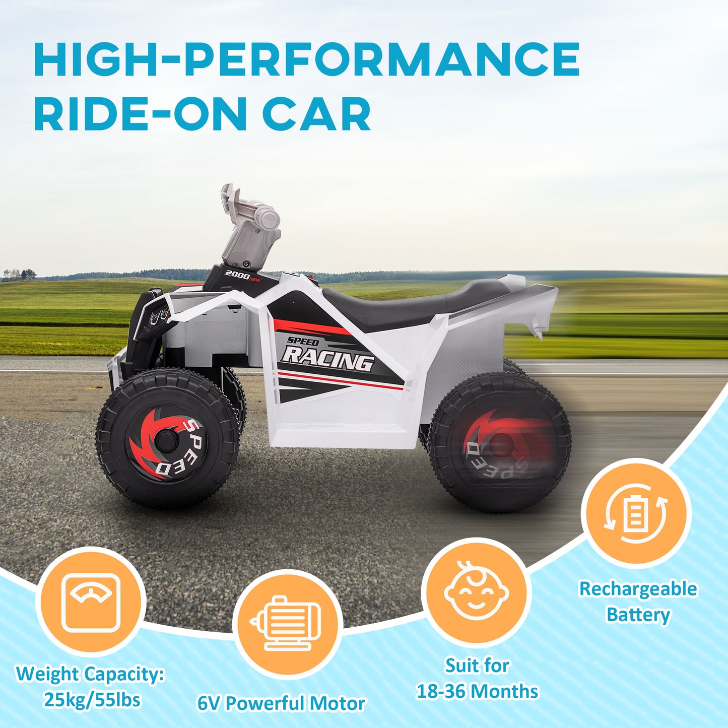 VarietyKart 6V Quad Kids Electric Car with Wear-resistant Wheels, for Boys and Girls Aged 18-36 Months, White