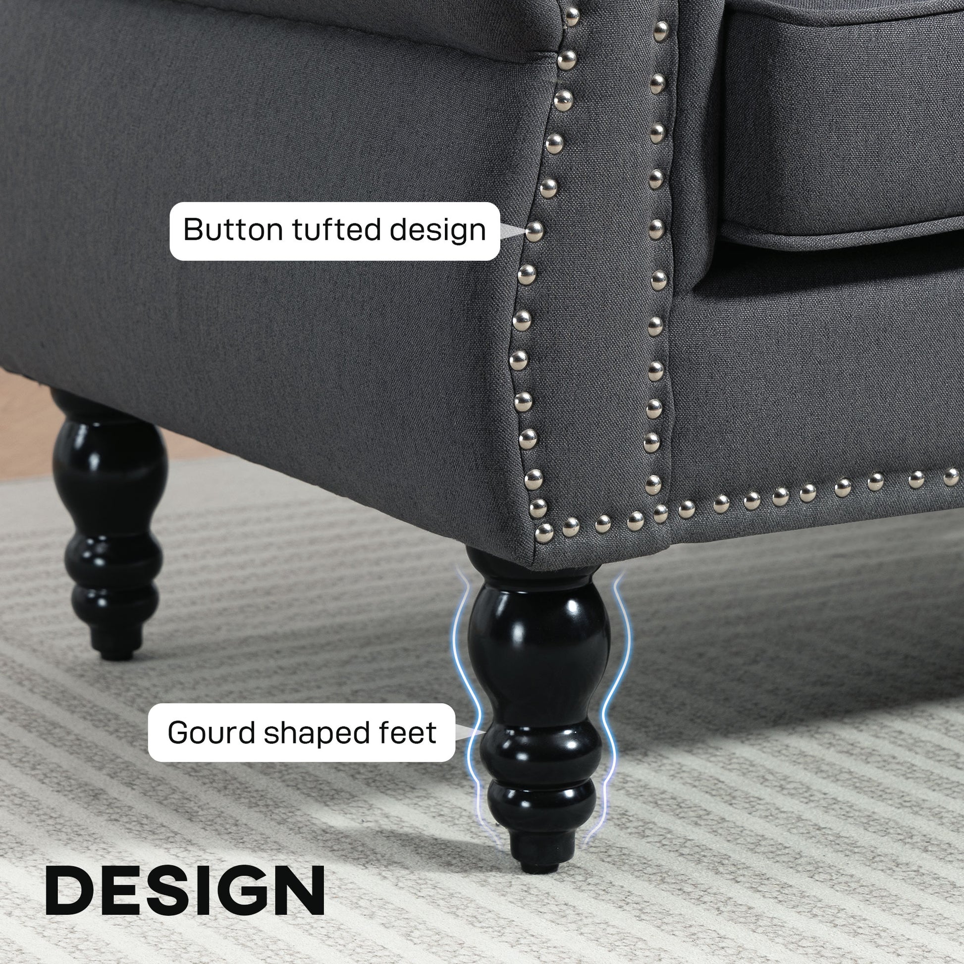 Stylish Midback Double Sofa with Sponge Padding, 2 Seater Sofa Couch, with Rubber Wood Leg, Dark Grey