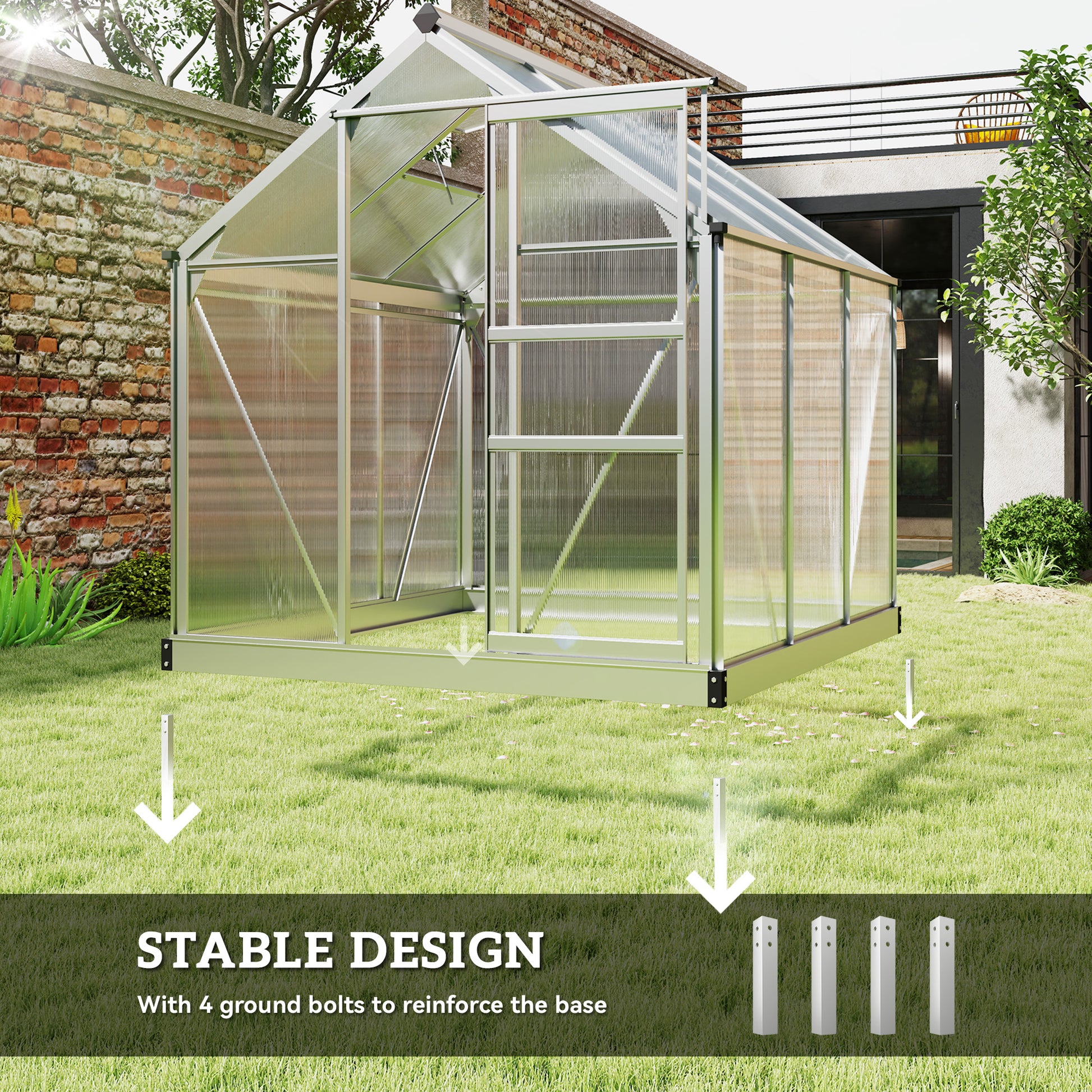 6' x 6' x 6.6' Polycarbonate Greenhouse, Walk-In Green House Kit Garden, Plants Grow, Galvanized Sheet Aluminum Frame wi