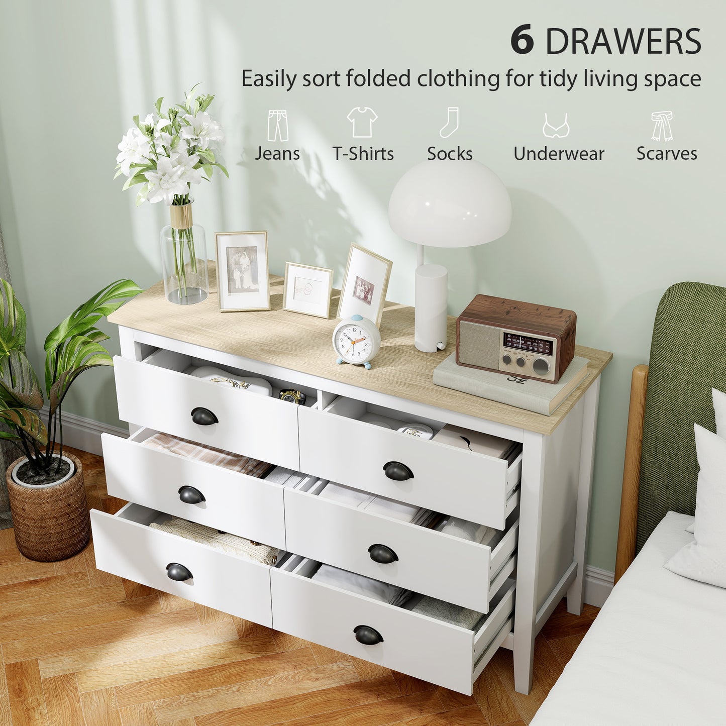 Chest of Drawers with Quiet Slides, Modern 6 Drawer Dresser for Bedroom, Closet, Living Room, Entryway, White