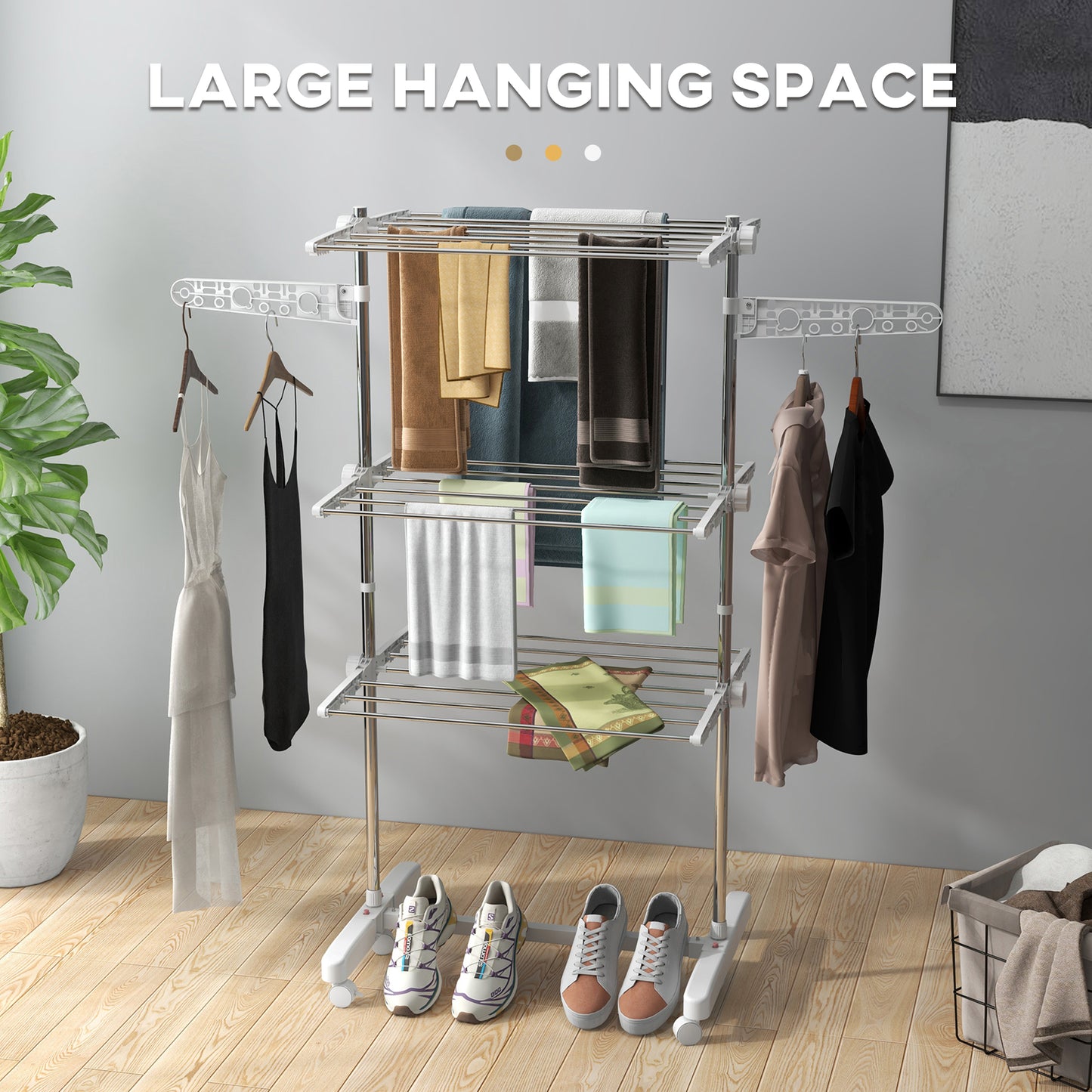 3-Tier Foldable Clothes Drying Rack, Stainless Steel Laundry Rack with 2 Side Wings and 6 Castors, Collapsible Adjustabl