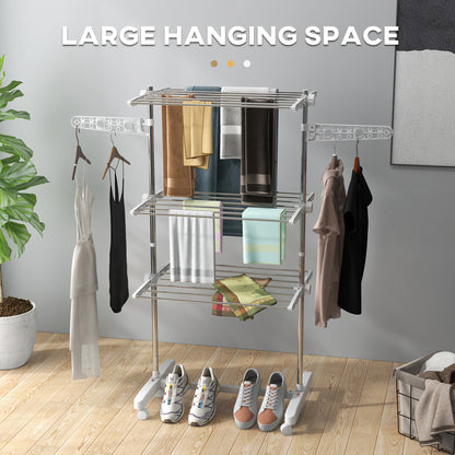 3-Tier Foldable Clothes Drying Rack, Stainless Steel Laundry Rack with 2 Side Wings and 6 Castors, Collapsible Adjustabl