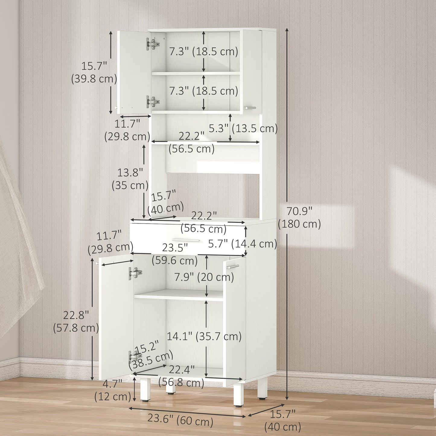 71"H Freestanding Kitchen Pantry, Buffet Cabinet with Hutch, Storage Cabinet with Drawer, Doors and Microwave Stand, Whi