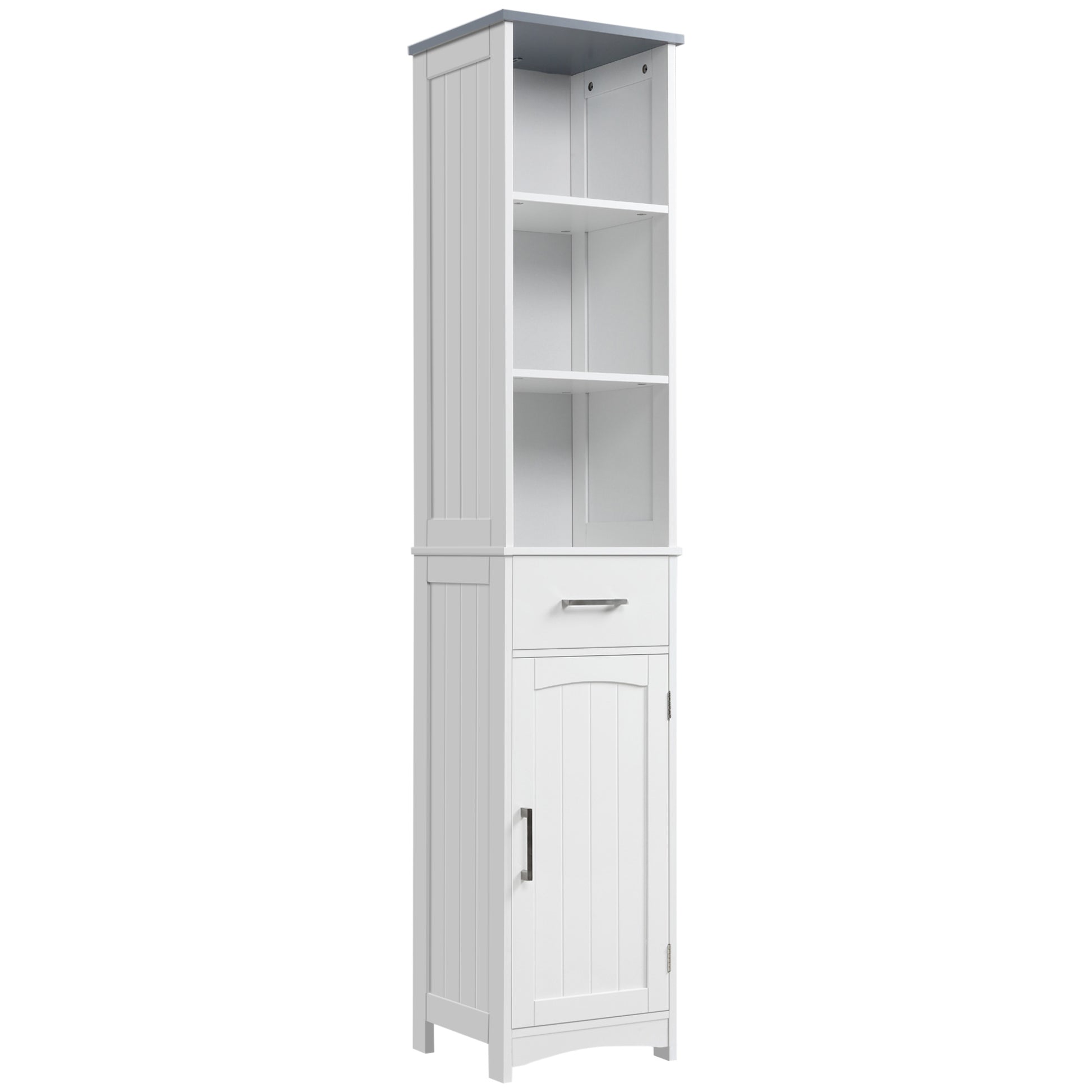 Tall Bathroom Storage Cabinet, Slim Bathroom Cabinet with 3 Tier Shelf, Drawer, Door, Freestanding Linen Tower, White