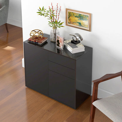 High Gloss Buffet Sideboard with 2 Drawers, 2 Doors and Adjustable Shelf, Kitchen Storage Cabinet with Push Open Design,