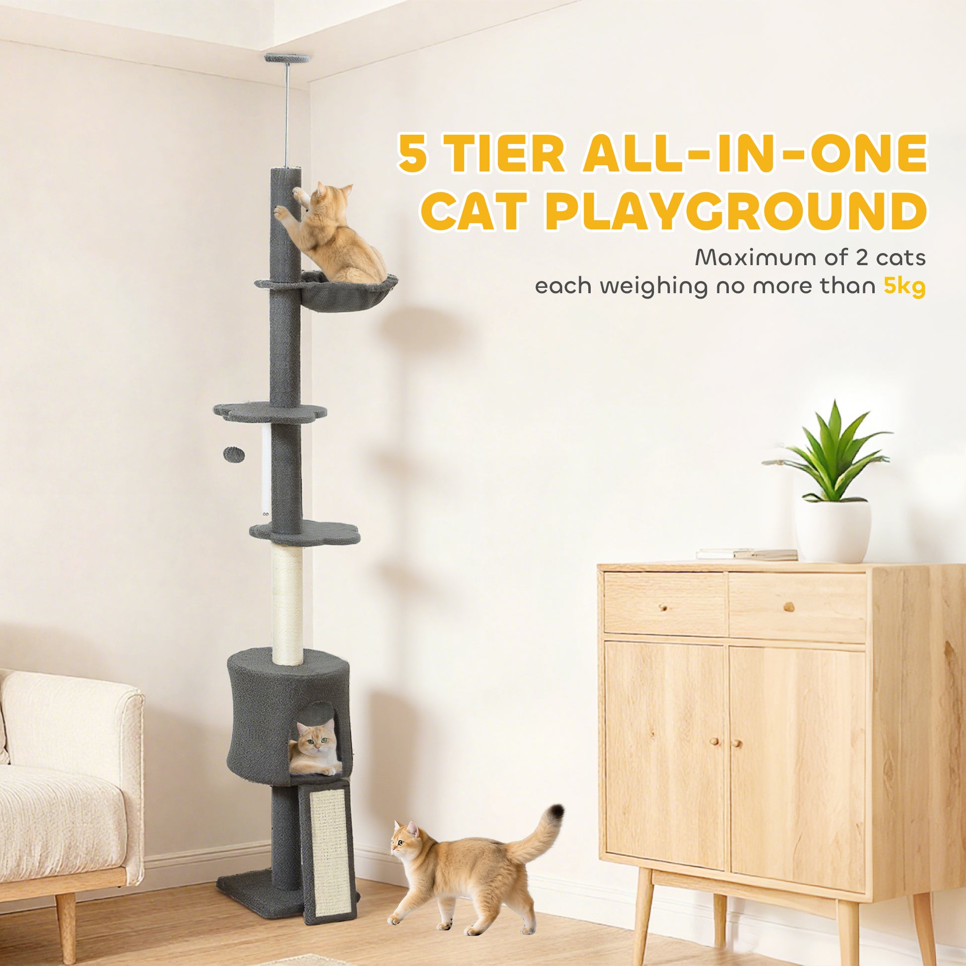 87"-94.5" Floor to Ceiling Cat Tree with Sisal Scratching Post, Condo, Hammock, Ramp, Perches, Dark Grey